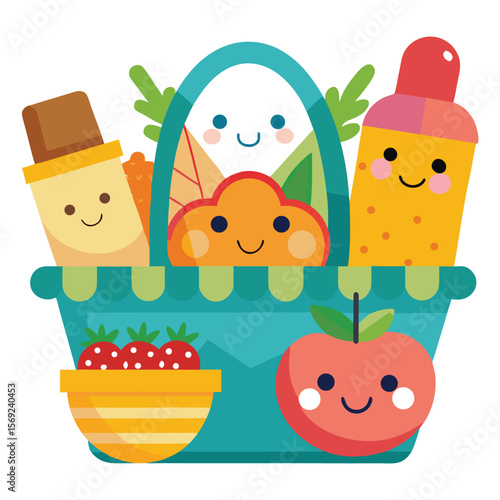 A charming picnic basket brimming with smiling food items, ready for a joyful outdoor meal and happy gatherings.