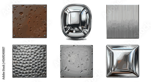 Collection of six metallic rectangular and oval objects with varying textures and reflections