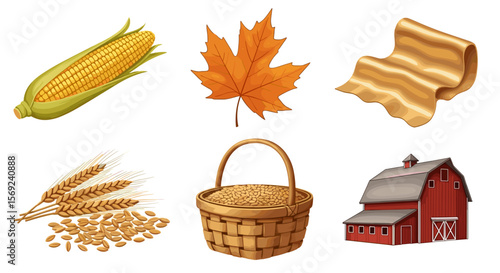 Illustration of autumn harvest featuring corn, maple leaf, bacon, wheat, basket, and a red barn building