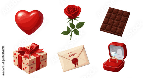 A collection of romantic items including a heart, rose, chocolate, gift, letter, and ring in a box