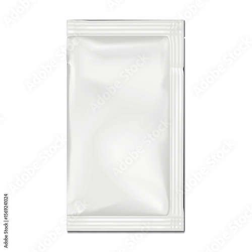 Blank white rectangle 3-side seal sachet packet with tear notches. 3d mockup. Plastic pouch bag. Realistic vector mock-up. Food, medical or cosmetic product individual package. Template for design