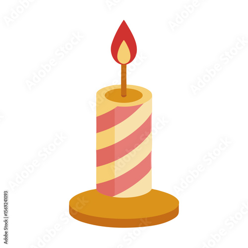 a decorative candle with red and cream-colored spiral stripes.
