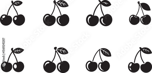  Cherry Fruit Icon Set – Black Vector Silhouettes of Cherries with Leaves for Food and Nature Design