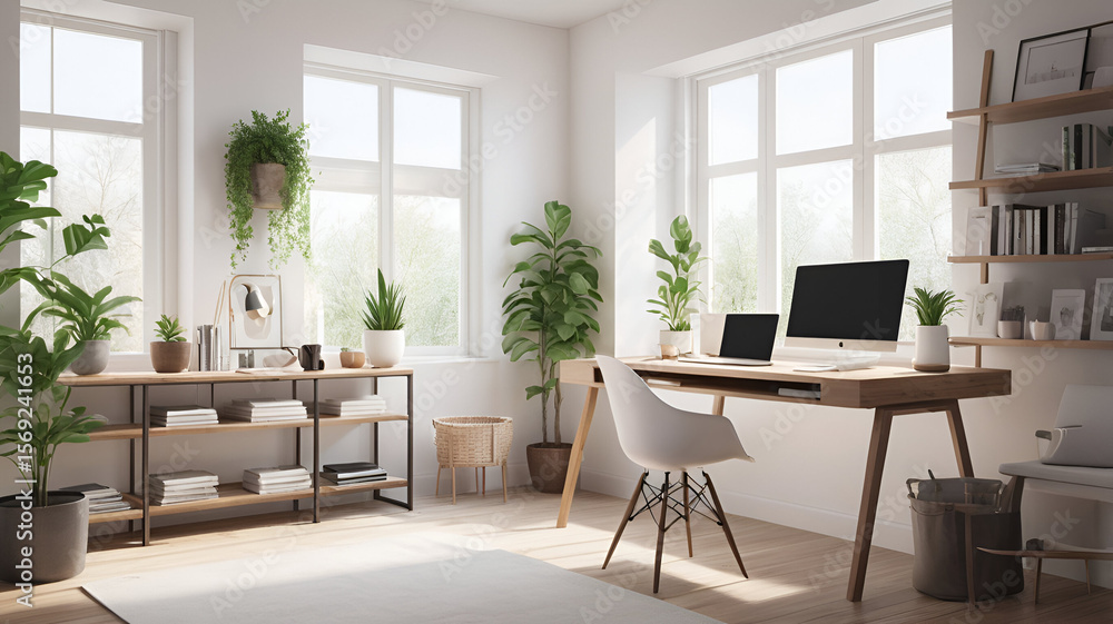 Fototapeta premium Remote Work Series - Professional Home Office with Apple Computer and Ergonomic Chair