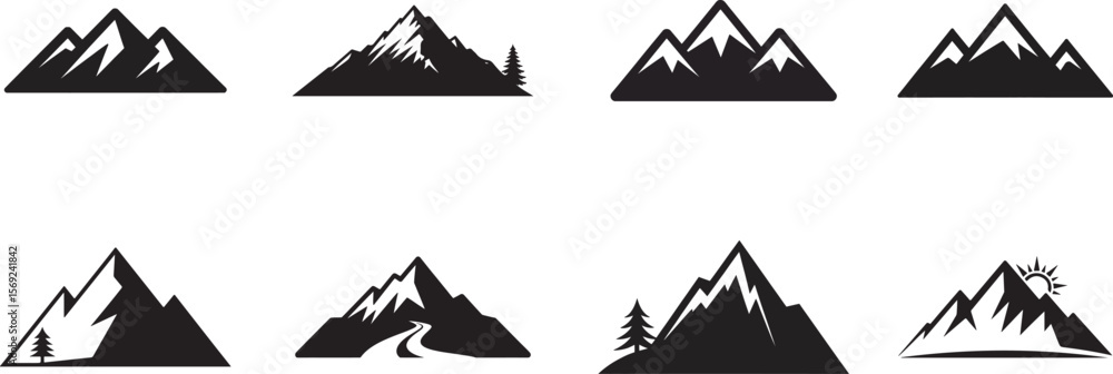 Mountain Silhouette Icon Set – Black Vector Landscape Designs with Peaks, Trees, and Outdoor Elements Mountain Silhouette Icon Set – Black Vector Landscape Designs with Peaks, Trees, and Outdoor Elements