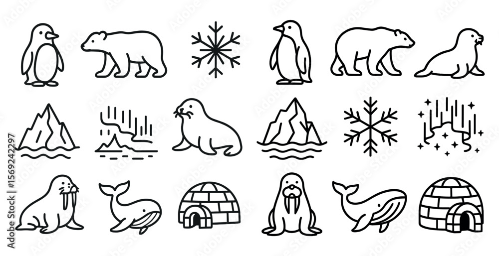 Collection of black and white drawings of animals and ice. The drawings include a penguin, polar bear, seal, whale, and other sea creatures. The images are stylized and convey a sense of the cold Collection of black and white drawings of animals and ice. The drawings include a penguin, polar bear, seal, whale, and other sea creatures. The images are stylized and convey a sense of the cold