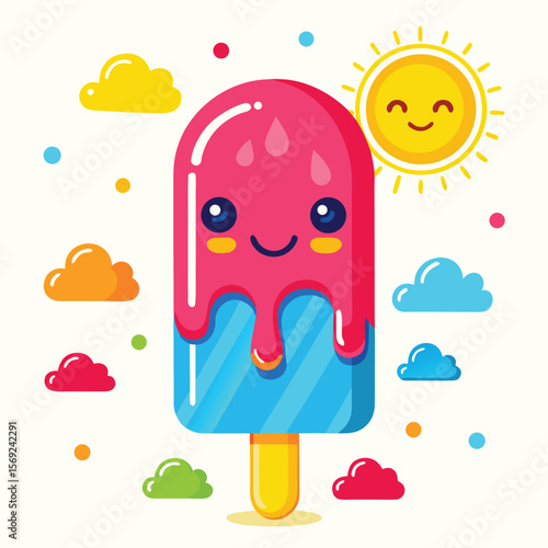 A refreshing popsicle delightfully melting and smiling, a charming image for summer heat and cool treats.