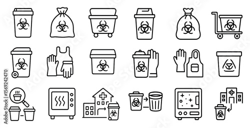Set of icons for various household items, including a microwave, a toaster, a coffee maker, and a trash can