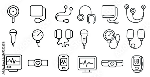 Collection of medical icons and symbols. The icons include a stethoscope, a blood pressure cuff, a thermometer, and a heart. Scene is serious and informative, as it represents various medical tools
