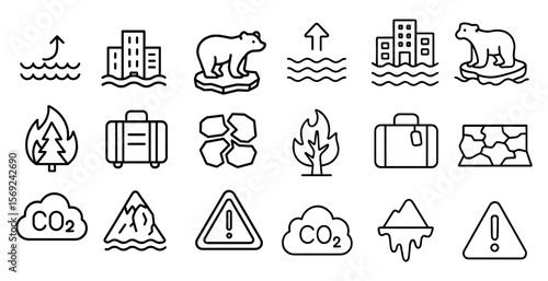 Set of icons depicting various natural disasters and environmental issues. The icons include a bear on ice, a suitcase, a fire, a tree, a mountain, a cloud, a building, and a suitcase