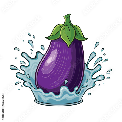 Eggplant splash Colorful Vector in Adorable Comic Style with Expressive Lines.