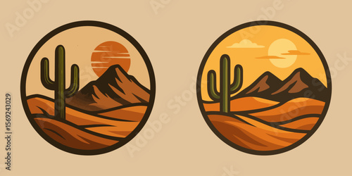 Desert landscape with cactus, mountains and sunset in circle.