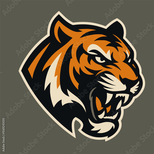 Roaring tiger head logo in orange and black tones.