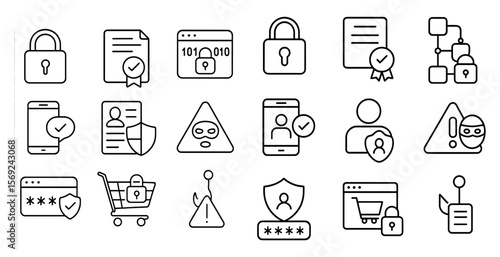 Set of icons for security and privacy. The icons include a key, a person with a shield, a person with a mask, a person with a phone, a person with a shopping cart, a person with a computer