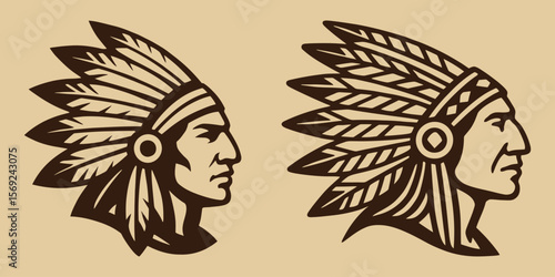 Native American chief heads with feathered headdresses.