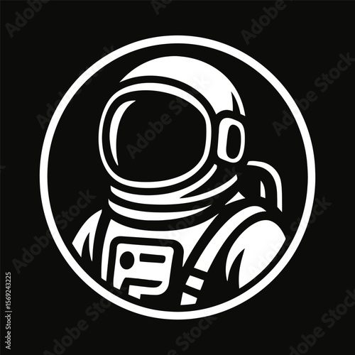Monochrome astronaut icon in helmet and suit in circle.