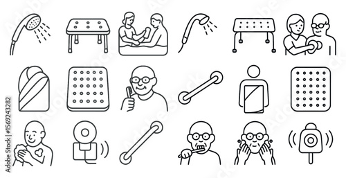Series of icons depicting various activities and objects related to health and wellness. The icons include a shower, a table, a bed, a person brushing their teeth, and a person using a walker