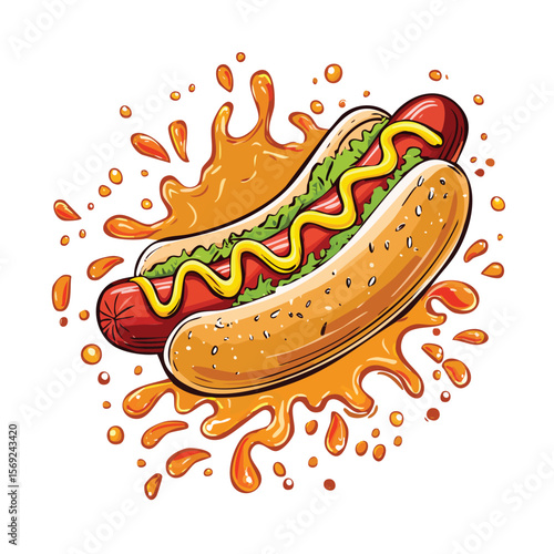 Hot Dog Bun splash Colorful Vector in Adorable Comic Style with Expressive Lines..