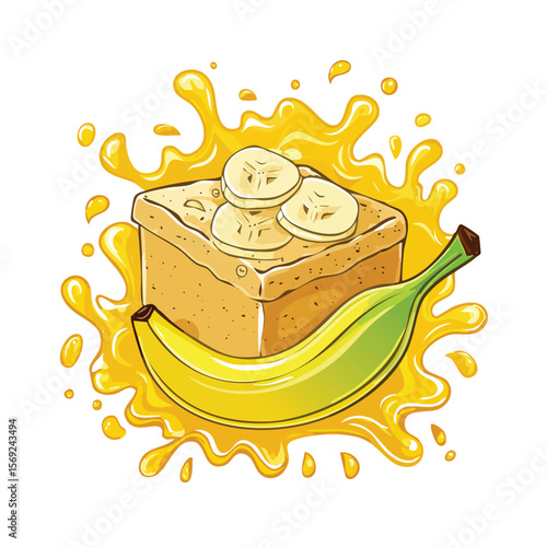 Banana Bread splash Colorful Vector in Adorable Comic Style with Expressive Lines..