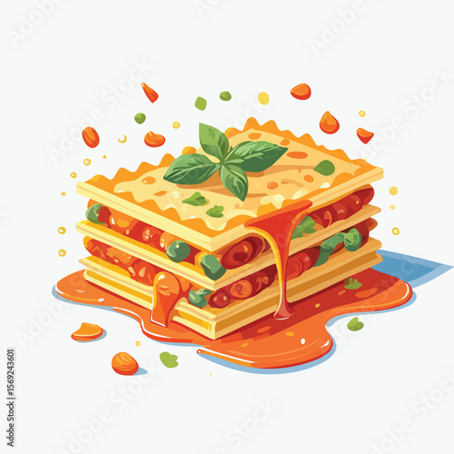 Lasagna with Sauce Splash creative isometric illustration with layered dimension and depth cues.