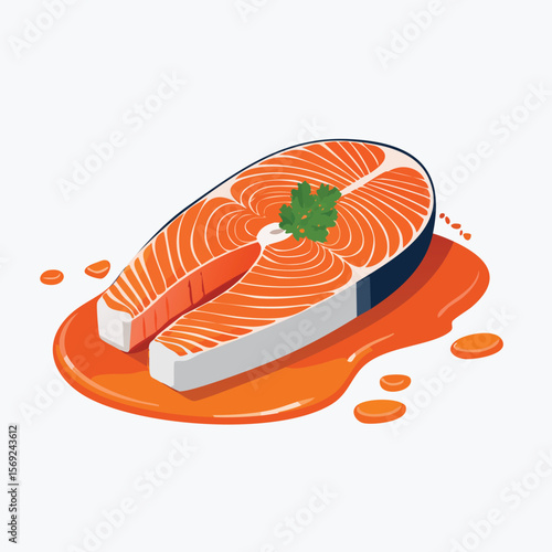 Grilled Salmon with Sauce Splash creative isometric illustration with layered dimension and depth cues.