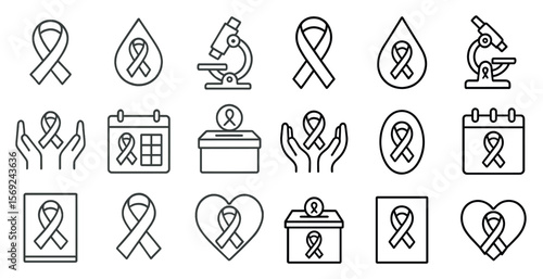 Set of black and white icons for breast cancer awareness. The icons include a calendar, a box, a heart, a ribbon, and a microscope