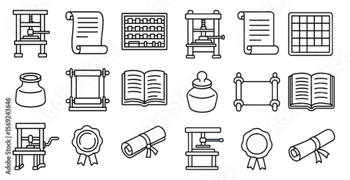 Set of icons for various office supplies, including a typewriter, a book, a stamp, and a calendar