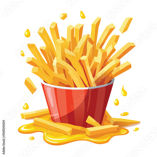 French Fries with Sauce Splash creative isometric illustration with layered dimension and depth cues.