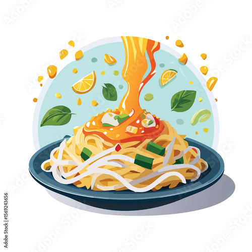 Pad Thai with Sauce Splash creative isometric illustration with layered dimension and depth cues.