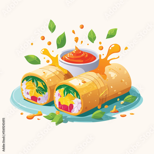 Spring Rolls with Sauce Splash creative isometric illustration with layered dimension and depth cues.