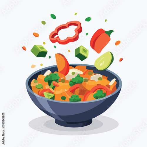 Veggie Stir Fry with Sauce Splash creative isometric illustration with layered dimension and depth cues.