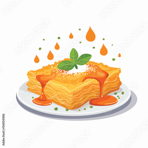 Chicken Parmesan with Sauce Splash creative isometric illustration with layered dimension and depth cues.