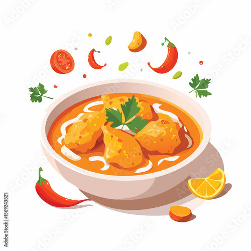 Chicken Tikka Masala with Sauce Splash creative isometric illustration with layered dimension and depth cues.