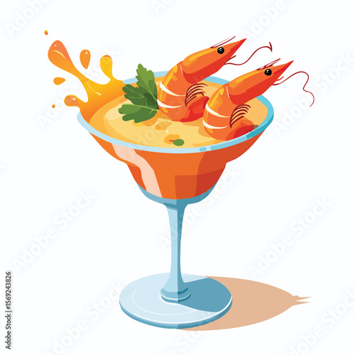 Shrimp Cocktail with Sauce Splash creative isometric illustration with layered dimension and depth cues.