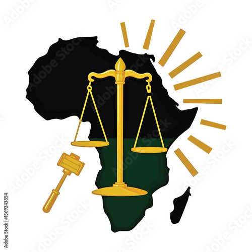 Africa map with golden balance scale and gavel representing legal system and justice

