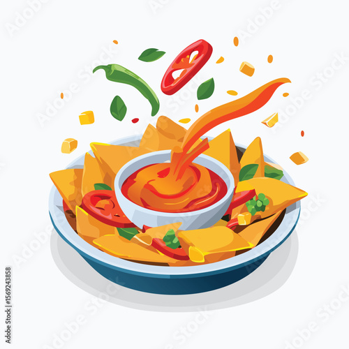Chicken Fajitas with Sauce Splash creative isometric illustration with layered dimension and depth cues.