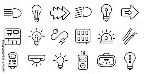 Collection of light bulbs and other electrical items. The light bulbs are arranged in various shapes and sizes, and some of them are connected by wires. Scene is one of organization and efficiency
