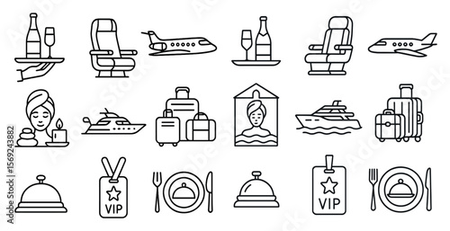 Set of icons for travel, including a bottle, a plane, a hotel room, a boat, and a suitcase
