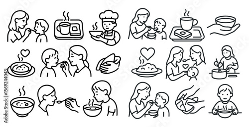 Series of images of people eating and drinking, with a focus on the importance of family meals
