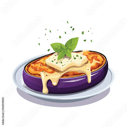 Eggplant Parmesan with Sauce Splash creative isometric illustration with layered dimension and depth cues.