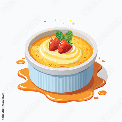 Crème Brûlée with Sauce Splash creative isometric illustration with layered dimension and depth cues.