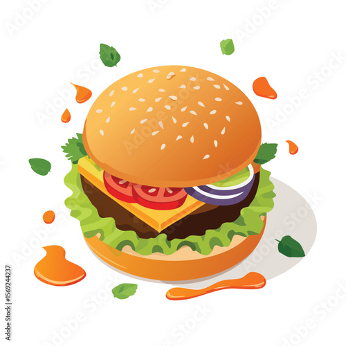 Veggie Burger with Sauce Splash creative isometric illustration with layered dimension and depth cues.