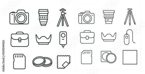 Collection of camera accessories and equipment. The camera is the most prominent item, with a variety of other items such as a case, a tripod, a mouse, and a keyboard