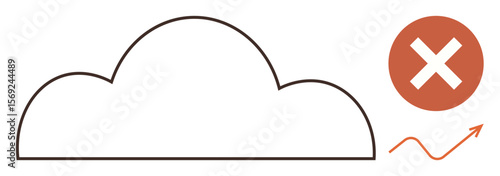 Cloud outline with a red cross icon and upward arrow, representing error or restriction in cloud computing. Ideal for technology issues, data security, cloud limitations, online service error, system