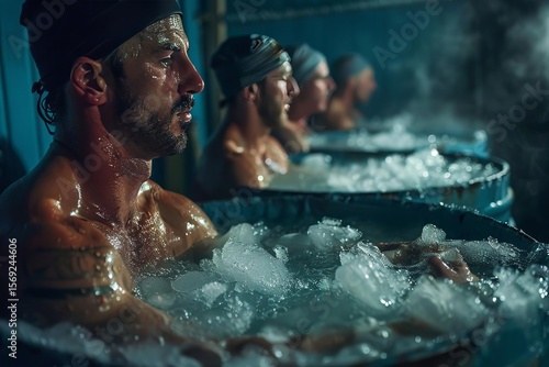 Wallpaper Mural Men in ice baths, lined up in metal barrels. Focused on the first man, looking stoic, with a dark, cool color palette. Torontodigital.ca