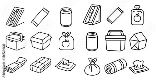 Collection of food items and containers, including a sandwich, a can of soda, a sandwich bag, a sandwich box, a sandwich bag, a sandwich bag, a sandwich bag, a sandwich bag, a sandwich bag, a sandwi