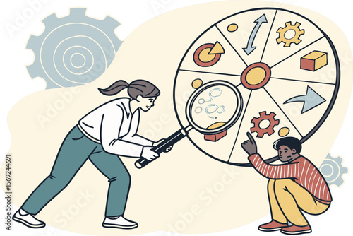 Man looking at round diagram through a magnifying glass. Modern collage style. Illustration on transparent background.magnifying glass, analysis, check, collage, discovery, exploration, finance, find,