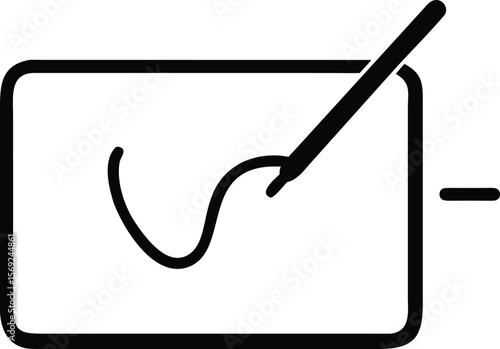 Digital drawing tablet with stylus creating a simple curved line illustration