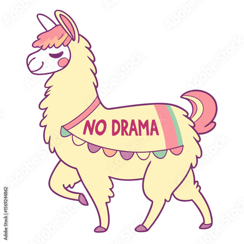 Sassy Alpaca with 'No Drama' Text – Funny Animal Attitude Art, Cute Snarky Alpaca Illustration, Humorous Pet Quote Design, Trendy Llama Attitude, Playful Farm Animal Character