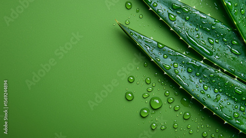 Close-up of a green aloe vera plant with sharp leaves and water droplets on a smooth green background.